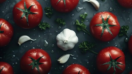 Wall Mural -   A table displays tomatoes and garlic, with water droplets on top and garlic beneath