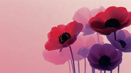 Wall Mural -   Red and purple flowers on a pink background with a black center surrounded by petals