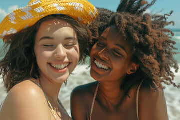 Wall Mural - Two women with curly hair are smiling and wearing yellow hats. They are standing on the beach and enjoying the sun