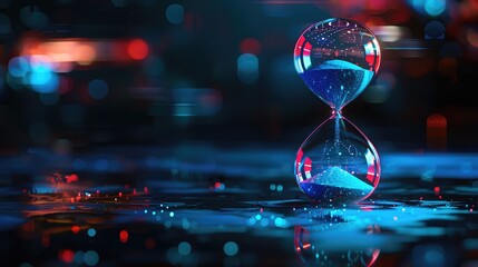 Poster - Abstract image of a glowing hourglass with blurred colorful lights in the background, depicting time and modern concepts.