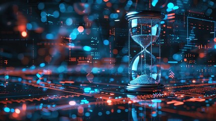 Poster - Digital hourglass surrounded by futuristic neon lights and data visualizations, representing the concept of time in modern technology.