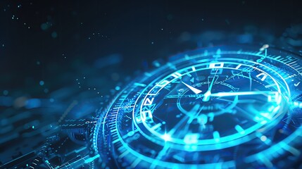 Poster - Futuristic digital interface with a glowing clock and data visualization against a dark background, symbolizing technology and innovation.