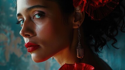 Canvas Print - A woman with red lips and red flowers in her hair. She is wearing earrings and a red headband