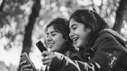 Wall Mural - Two young women are sitting on a bench, both looking at their cell phones. They are smiling and seem to be enjoying themselves