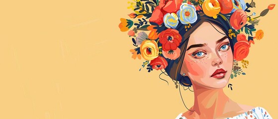 Wall Mural - Stylish Woman in a Floral Dress with a Bright Background