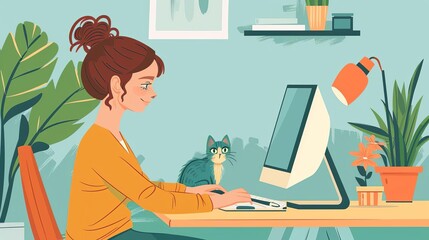 Wall Mural - Modern Woman Working on a Laptop with Minimalistic Background