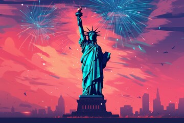 Poster - Vivid fireworks light up the festive holiday celebration at the iconic statue of liberty