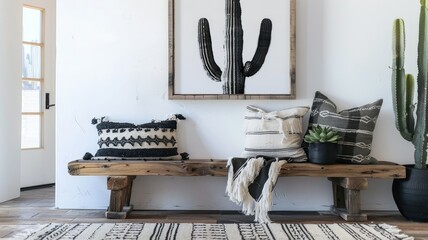 Wall Mural - Rustic Southwest Interior Design with Cactus Artwork - A stylish and rustic entryway featuring a wooden bench with patterned pillows and a throw blanket, a framed black and white cactus artwork, and a