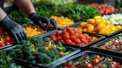 Wall Mural - Fresh Assortment of Vegetables Being Prepared by Chef with Black Gloves