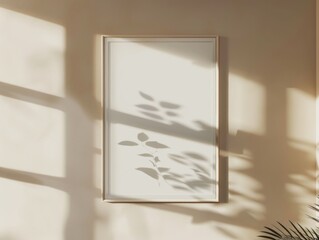 Wall Mural - A framed white picture of a leaf with a shadow on the wall