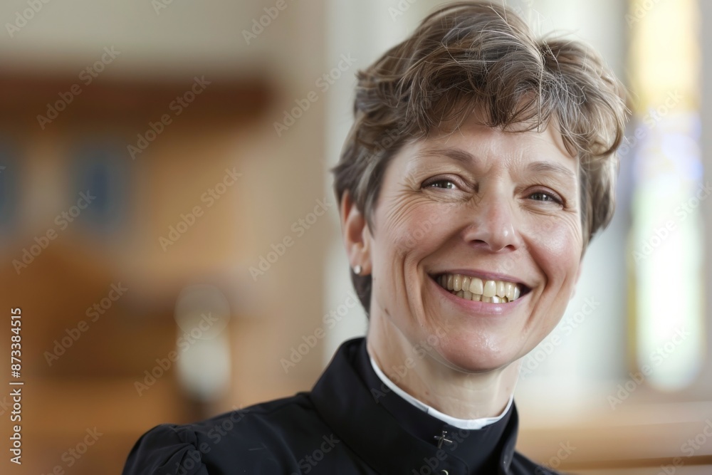 A cheerful clergywoman with short hair is smiling gracefully in a bright church setting, conveying joy and faith. She exudes a warm and welcoming presence.