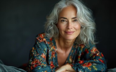 Wall Mural - A woman with silver hair and a floral blouse smiles at the camera