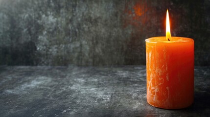 Canvas Print - A lit orange candle sits on a grey surface. The candle is the only object in the image, and it is the main focus. The candle's warm glow creates a cozy and intimate atmosphere