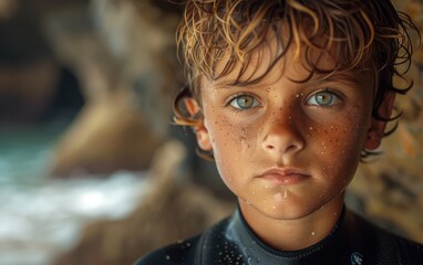 A young boy with wet, curly hair and freckles stares intensely at the camera, his face showing a mixture of salt water and sun