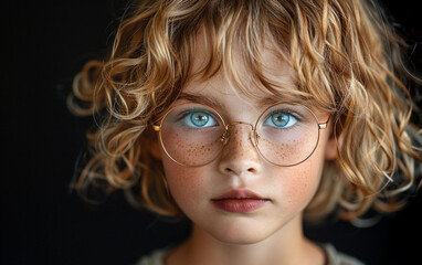 Wall Mural - A young girl with curly blonde hair and blue eyes wears round glasses and looks directly at the camera