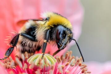Poster - A detailed macro shot of a bee meticulously collecting pollen from a vibrant flower, capturing its intricate details and natural behavior in vivid colors.