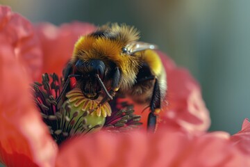 Poster - A stunning image of a bee diligently gathering nectar on a colorful blossom during spring, emphasizing the crucial role of bees in the ecosystem with beautiful clarity.