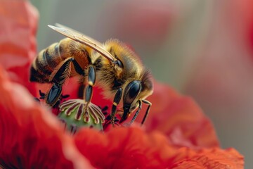 Poster - Vivid capture of a honeybee immersed in collecting pollen on a vibrant flower in summer, highlighting the essential role bees play in pollination and the ecosystem.