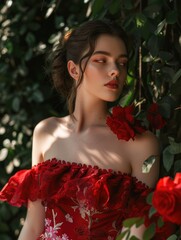 Wall Mural - A woman in a red dress is standing in front of a bush with red roses. She is wearing red lipstick and has her hair in a bun. Concept of elegance and sophistication