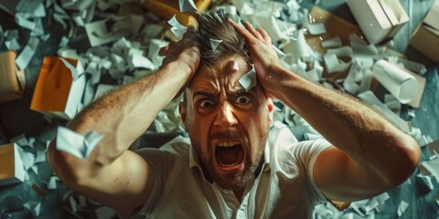 Wall Mural - A man is in a messy room with papers everywhere. He is yelling and he is in a state of panic