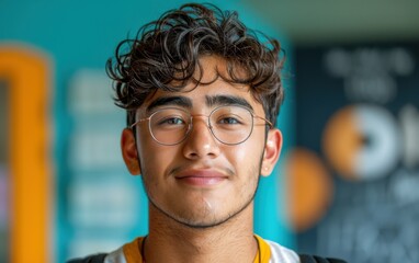 Wall Mural - A young man with curly brown hair and glasses smiles at the camera. He is wearing a white shirt with a yellow collar