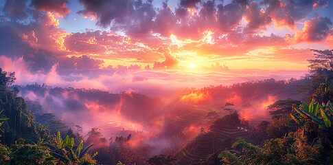 Canvas Print - Beautiful panorama of Bali island with forest and mountains at early morning hours, Nature and travel concept 