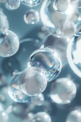 Wall Mural - A collection of shiny, clear, and reflective spheres. The spheres are scattered throughout the image, creating a sense of depth and movement. Scene is one of tranquility and serenity