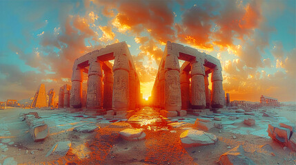 Wall Mural - Sunset light going through the columns of ancient temple in Egypt, travel, history and culture concept