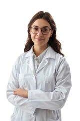 Wall Mural - A woman in a white lab coat is smiling and posing for a picture. She is wearing glasses and has her arms crossed. Concept of professionalism and confidence