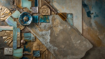 Wall Mural - A mixed media artwork featuring a textured surface with gold and blue elements