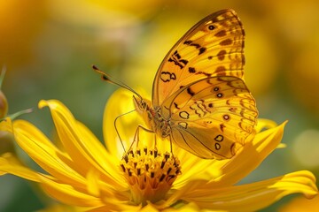 Poster - A beautiful yellow butterfly rests on a yellow flower, blending seamlessly with its surroundings, and capturing a harmonious moment in the vibrant ecosystem of a garden.