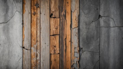 Wall Mural - Weathered wooden planks are attached to a cracked concrete wall