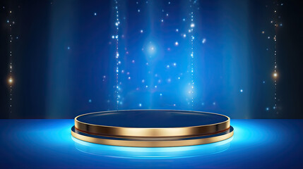 Poster - empty golden product podium, blue background