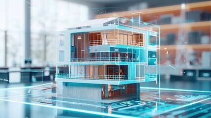 Aufkleber - Construction site simulation concept building hologram. Engineer designs building structure on blueprint.