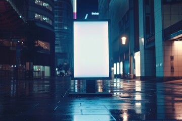 Poster - A large white billboard is lit up in the dark. The billboard is empty and the city is lit up with lights