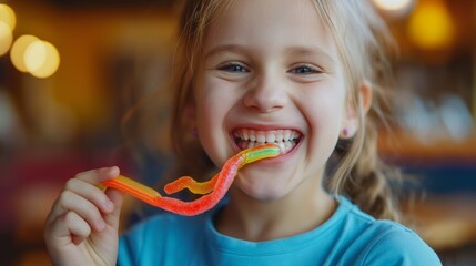 A young girl with blonde hair, wearing a blue shirt, smiles widely as she eats a colorful gummi worm candy