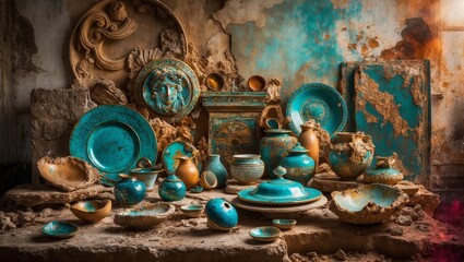 Poster - Turquoise ceramic artifacts on a stone surface in an archaeological excavation