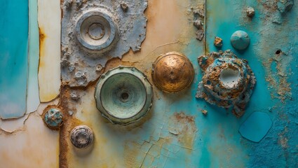 Wall Mural - A weathered metal surface with various circular and irregularly shaped details