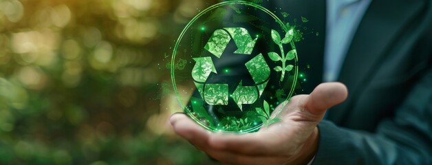 Close-up of a businessman holding a small tree with a recycling symbol in a green environment