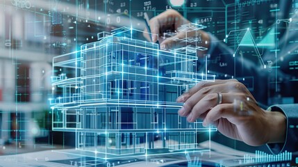 Aufkleber - Construction site simulation concept building hologram. Engineer designs building structure on blueprint.