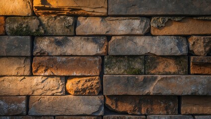 Wall Mural - Rough stone wall illuminated by warm sunlight