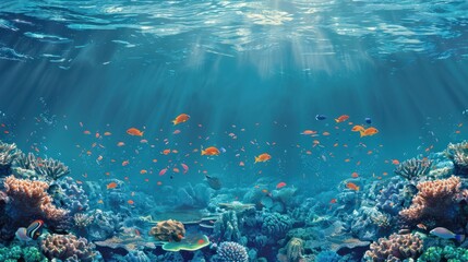 Wall Mural - underwater coral reef seascape background with small colorful fish and transparent water