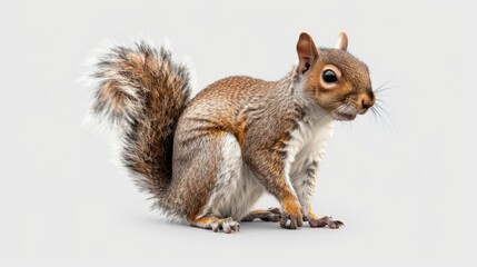 A squirrel is sitting on a white background. The squirrel is looking at the camera