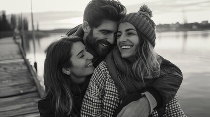 Three people are hugging each other on a pier by a body of water. The man has a beard and the woman has a hat on. They are all smiling and seem to be enjoying each other's company