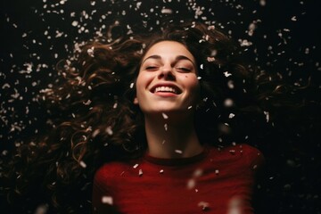 Closeup portrait of a beauty fashion woman model in a splash of water drops in paint confetti.