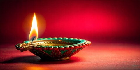 Wall Mural - Traditional indian oil lamp, known as a diya, is burning brightly, symbolizing the victory of good over evil during the festive occasion of diwali