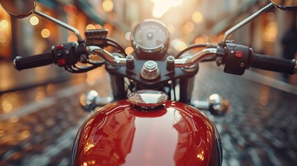 Classic motorcycle close-up with chrome details in city street