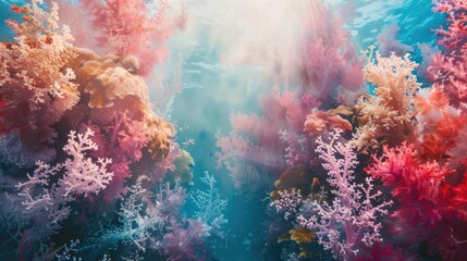 Canvas Print - A colorful coral reef with pink and orange sea plants. The image has a vibrant and lively mood, with the bright colors of the coral and plants creating a sense of energy and excitement