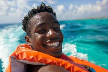 A smiling young man on an orange life raft enjoying the bright sunlight and the scenic ocean view, representing joy, safety, and the thrill of an outdoor adventure.