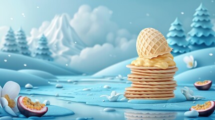 Wall Mural -   A snowy landscape features a stack of cookies with an ice cream cone on top